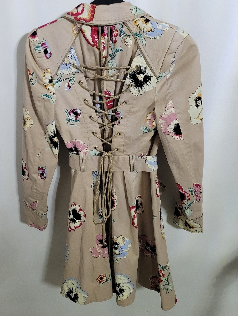 Anthropologie Elevenses Beige Floral Pansy Corset Trench Coat with Belt, Size 0 - Picture 4 of 8